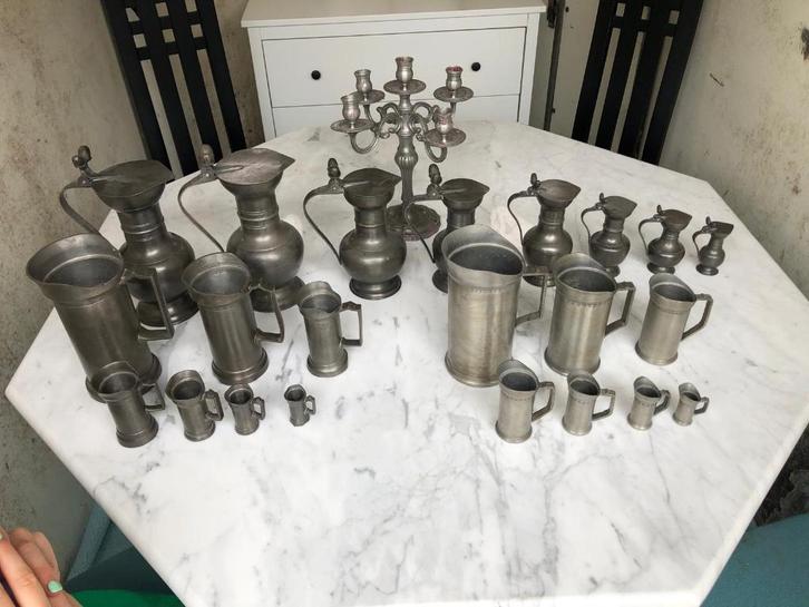 Tinnen kannen set inclusief kandelaar en schalen, Antiek en Kunst, Antiek | Tin, Ophalen of Verzenden