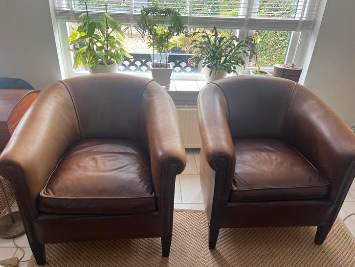 Leren Club fauteuils - Luxe Set van 2 schapenleren stoelen, Huis en Inrichting, Fauteuils, Zo goed als nieuw, Leer, 75 tot 100 cm