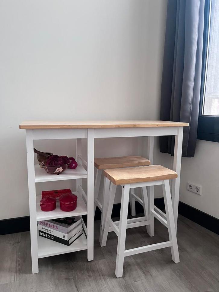 Hoge barset met opbergruimte - tafel + 2 krukken (wit/hout), Huis en Inrichting, Barren, Zo goed als nieuw, Inclusief barstoelen