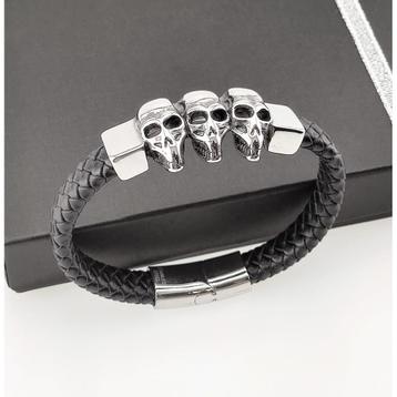 Gevlochten Leren Armband met RVS 3-Schedels beschikbaar voor biedingen