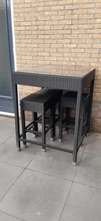 Wicker Bartafel met 3 Krukken - Zwart, Tuin en Terras, Tuinsets en Loungesets, Ophalen, Gebruikt, 3 zitplaatsen, Wicker