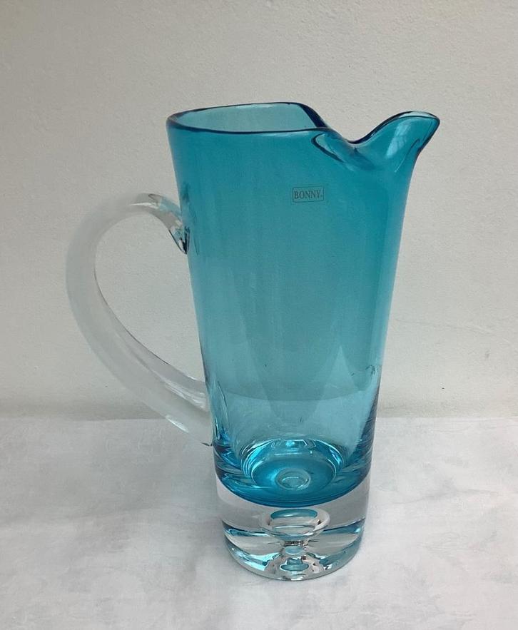 Design blauw Glazen kan, waterkan, schenkkan, Antiek en Kunst, Antiek | Glas en Kristal, Ophalen of Verzenden
