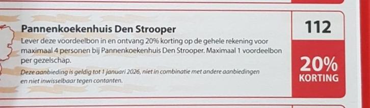 Pannenkoekenhuis Den Strooper kortingsbon, Tickets en Kaartjes, Kortingen en Cadeaubonnen, Drie personen of meer, Overige typen