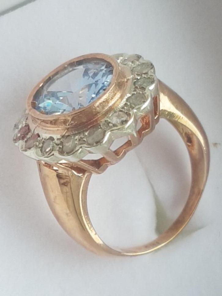 Schitterende zware goudrn ring met topaas en 0.50 diamant, Sieraden, Tassen en Uiterlijk, Ringen, Zo goed als nieuw, Dame, 17 tot 18