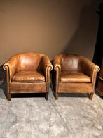 Cognac Bruine Runderleren Clubfauteuils - Vintage, Gebruikt, 75 tot 100 cm, Leer, 75 tot 100 cm