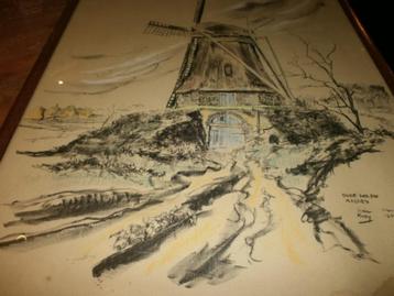 hein kray originele tekening oude molen aalden nov 1950