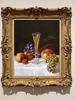 "Stilleven met perziken, appel, druiven, noot en witte wijn", Antiek en Kunst, Kunst | Schilderijen | Klassiek, Verzenden