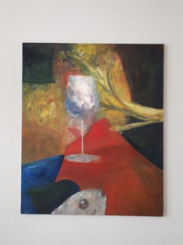 Leuk schilderij eten vis glas wijn groente wijnglas beschikbaar voor biedingen