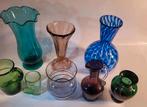 antieke mondgeblazen vaas vazen blauw groen glas roze rand, Antiek en Kunst, Antiek | Vazen, Ophalen of Verzenden