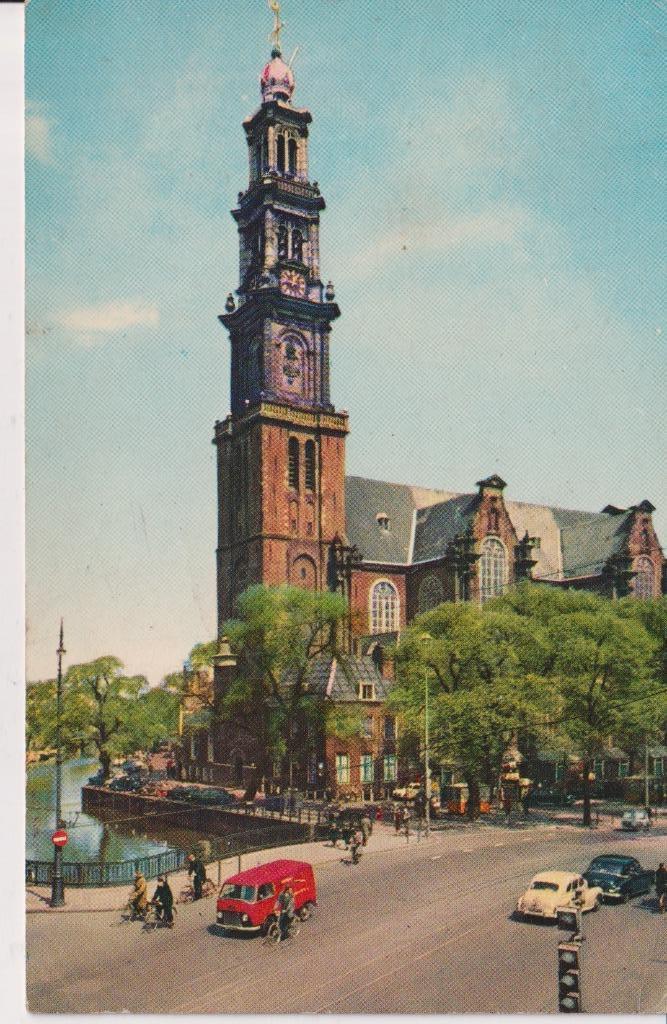 Amsterdam, Westerkerk met auto's, Verzamelen, Ansichtkaarten | Nederland, Gelopen, Noord-Holland, 1960 tot 1980, Ophalen of Verzenden