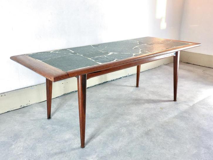 vintage salontafel hout leistenen blad 125x50cm 60s 70s, Huis en Inrichting, Tafels | Salontafels, Gebruikt, Minder dan 50 cm