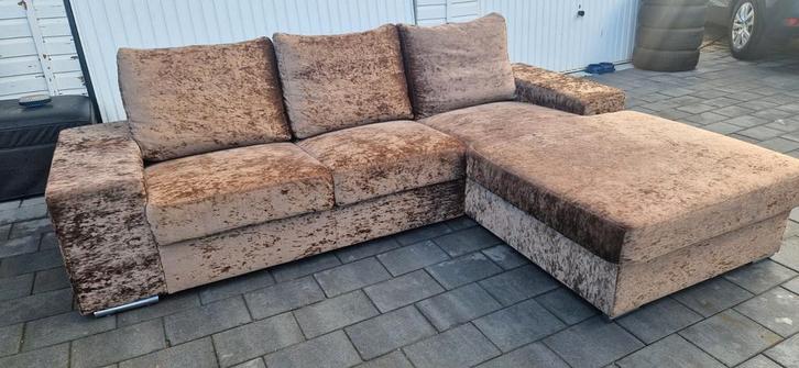 Luxe Bruine Velvet Hoekbank - Eric Kuster Stijl, Huis en Inrichting, Banken | Complete zithoeken, Zo goed als nieuw, Stof, Ophalen of Verzenden