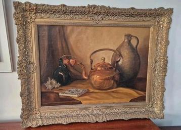 Stilleven met 17e eeuwse 3 tulp tegel in monumentale lijst beschikbaar voor biedingen
