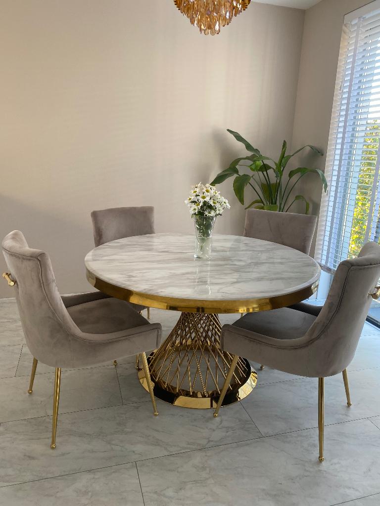 Ronde eettafel marmerlook & goud met 6 Stoelen, Ophalen, Zo goed als nieuw