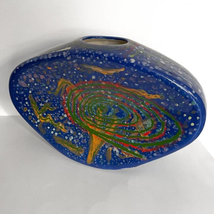 Retro ovale vaas, blauw keramiek geschilderd, kunst, Huis en Inrichting, Woonaccessoires | Vazen, Gebruikt, Blauw, Minder dan 50 cm