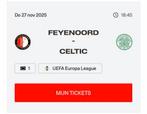 Feyenoord - Celtic vak Y2, Tickets en Kaartjes, Losse kaart, Eén persoon, November, Europa of Champions League