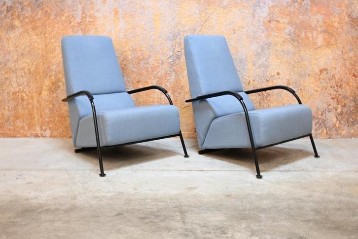 ZGANieuw 2 lichtblauwe stoffen Harvink deisgn fauteuils, Huis en Inrichting, Fauteuils, Zo goed als nieuw, Metaal, Stof, 75 tot 100 cm