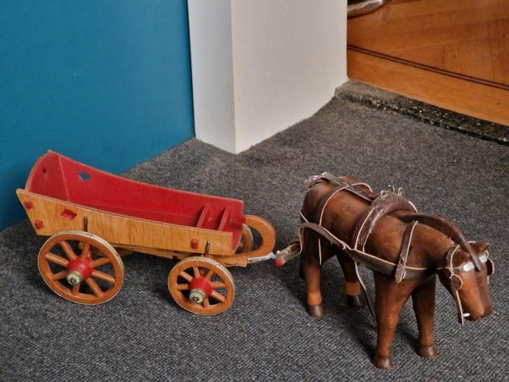Vintage Speelgoed Houten Paard met Enkelspantuig en Kar, Antiek en Kunst, Antiek | Speelgoed, Ophalen of Verzenden