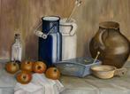 Schilderij stilleven kannen, kruik en fruit., Ophalen of Verzenden