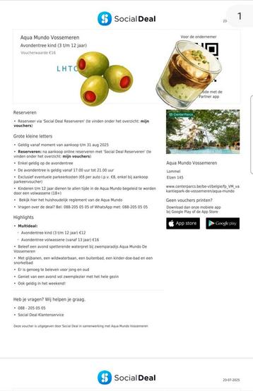 4x Aqua Mundo Vossemeren avond tickets 3 volwassenen 1x kind beschikbaar voor biedingen