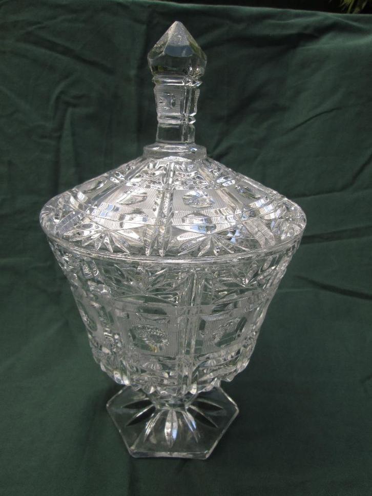 Grote Geslepen Kristallen Deksel Gember Coupe Waaier & Olijf, Antiek en Kunst, Antiek | Glas en Kristal, Ophalen of Verzenden