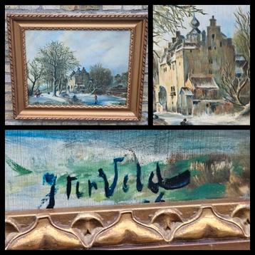 Antiek winterlandschap olieverf op paneel, gesigneerd 77x64  beschikbaar voor biedingen