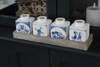 Delfts blauwe vaasjes set met houten tray – 4 stuks, Overige kleuren, Verzenden, Nieuw, Glas