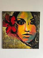 Schilderij vrouw met bloem, kleurrijk, afmeting 1 x 1 meter., Antiek en Kunst, Ophalen