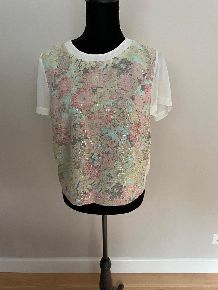 Voile top offwhite met pailletjes, Kleding | Dames, Tops, Zo goed als nieuw, Maat 38/40 (M), Overige kleuren, Korte mouw, Ophalen