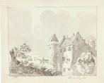 aquarel kasteel met slotgracht en roeiboot monogram P.E 1810, Verzenden