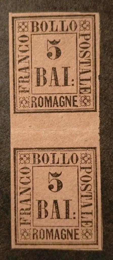 ITALIË - ROMAGNE 1859 paar 5 Baj violetto Sa6 met middenstuk, Postzegels en Munten, Postzegels | Europa | Italië, Postfris, Ophalen of Verzenden