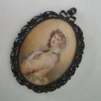 Antiek Miniatuur Portret Medaillon Handgeschilderd Edelsteen, Ophalen of Verzenden