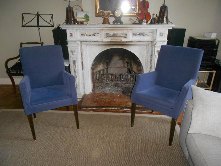 2x Macazz Labda Multi Eetkamerstoel (Zwolle gratis bezorgd), Huis en Inrichting, Stoelen, Gebruikt, Twee, Hout, Stof, Blauw, Ophalen of Verzenden
