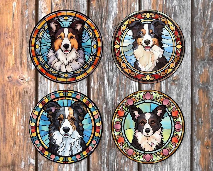 Border Collie Glas in Lood onderzetters met houder rond, Huis en Inrichting, Woonaccessoires | Onderzetters, Nieuw, Glas of Kopje