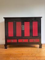 Aziatische / Chinese zwarte kast met rode accenten, 150 tot 200 cm, 100 tot 150 cm, Teakhout, 50 tot 75 cm