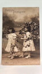 Vrolijke Pinksterdagen. 2 mrisjes met nloementakken., Ophalen of Verzenden, Voor 1920, Gelopen, Kinderen