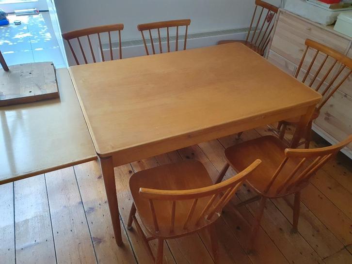 Midcentury design eettafel + 7 stoelen; opknapper, Huis en Inrichting, Tafels | Eettafels, Gebruikt, 50 tot 100 cm, 100 tot 150 cm