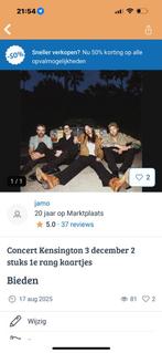 2 concertkaartjes Kensington 3 december 1e rang, Tickets en Kaartjes, Twee personen, December