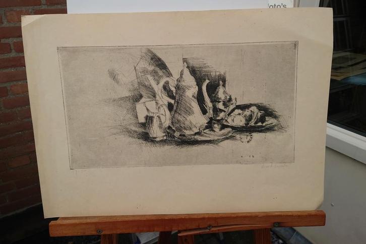 Stilleven ets 1959 gesigneerd Lucase de Smeele??, Antiek en Kunst, Kunst | Etsen en Gravures, Ophalen of Verzenden