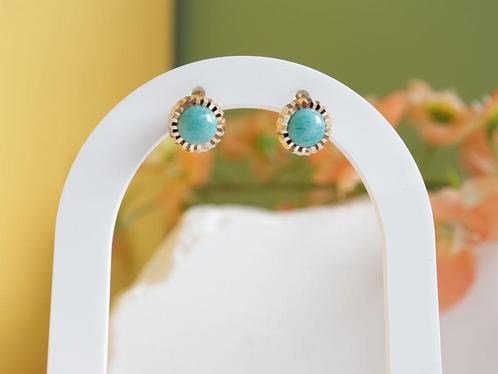 18 Karaat Gouden Oorbellen Met Amazoniet, Sieraden, Tassen en Uiterlijk, Oorbellen, Zo goed als nieuw, Knopjes of Stekers, Goud