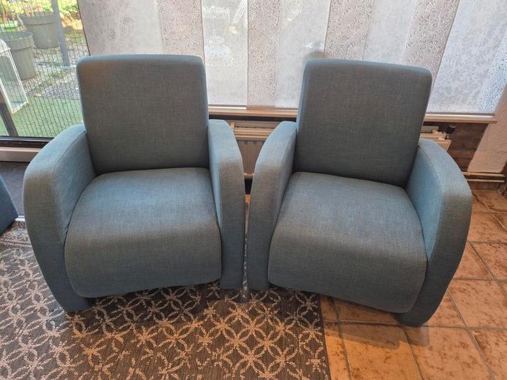 Set van 2 blauwe fauteuils, Huis en Inrichting, Fauteuils, Gebruikt, Stof, 50 tot 75 cm, Minder dan 75 cm, Ophalen