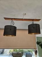 Houten hanglamp met 2 lampenkappen, Ophalen, Gebruikt, 50 tot 75 cm, Metaal