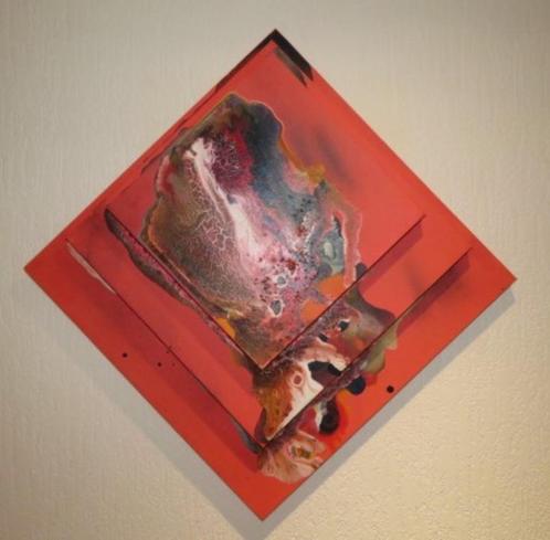 Origineel schilderij op 3 doeken rood abstract met reliëf, Antiek en Kunst, Kunst | Schilderijen | Abstract, Ophalen of Verzenden