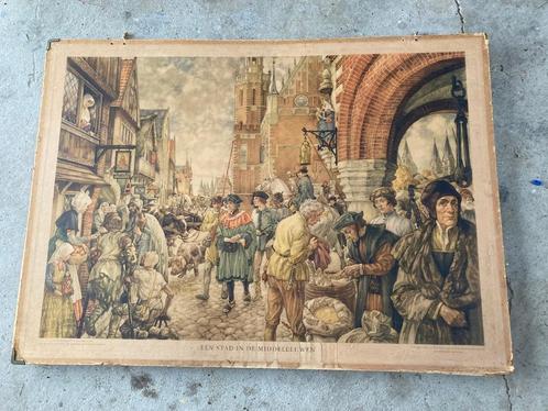Schoolplaat "Stad in de Middeleeuwen"., Antiek en Kunst, Antiek | Schoolplaten, Geschiedenis, Ophalen of Verzenden