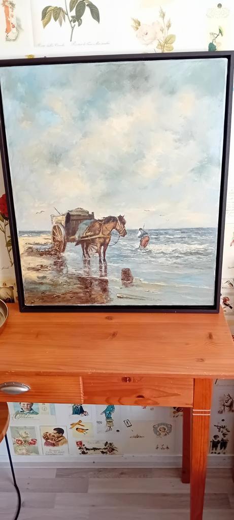 Bijzonder mooi schilderij: de kokkelvisser., Antiek en Kunst, Antiek | Schoolplaten, Natuur en Biologie, Ophalen