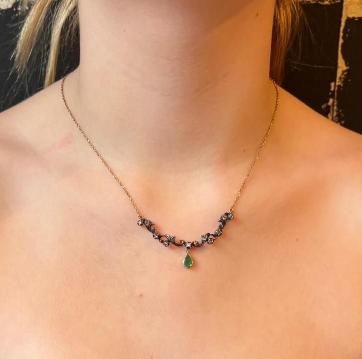 Smaragd roos diamanten ketting 18k goud antiek dames, Sieraden, Tassen en Uiterlijk, Antieke sieraden, Ketting, Goud, Met edelsteen