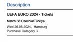 Turkije - Tsjechie EK 2024 tickets 4x, Overige soorten, Overige typen, Drie personen of meer