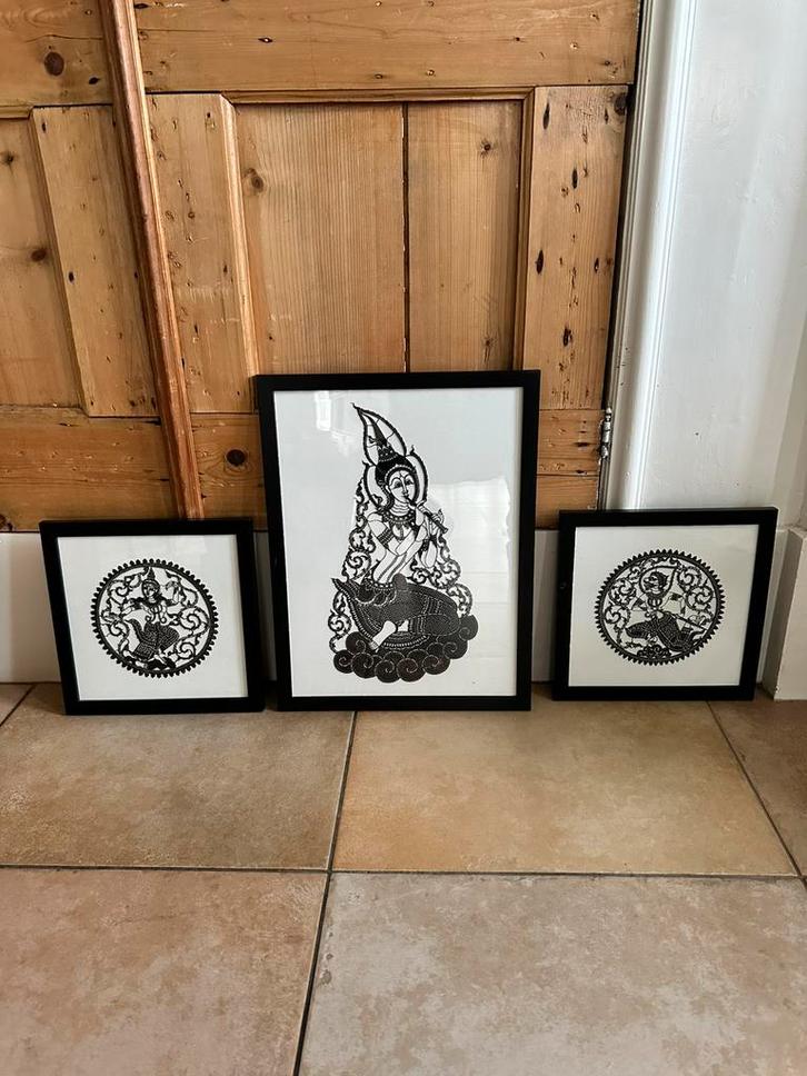 Vintage Wayang Kunstwerken – Set van 3, Huis en Inrichting, Woonaccessoires | Lijsten, Zo goed als nieuw, Minder dan 50 cm, Hout