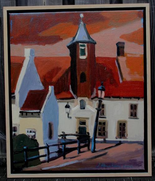Jeroen Hermkens - Ingelijste olieverf op doek:Het sluisje'00, Antiek en Kunst, Kunst | Schilderijen | Modern, Ophalen of Verzenden
