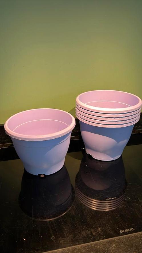 6 kunststof lila bloempotten doorsnede 25 cm, Tuin en Terras, Bloempotten, Zo goed als nieuw, Kunststof, Minder dan 25 cm, Rond